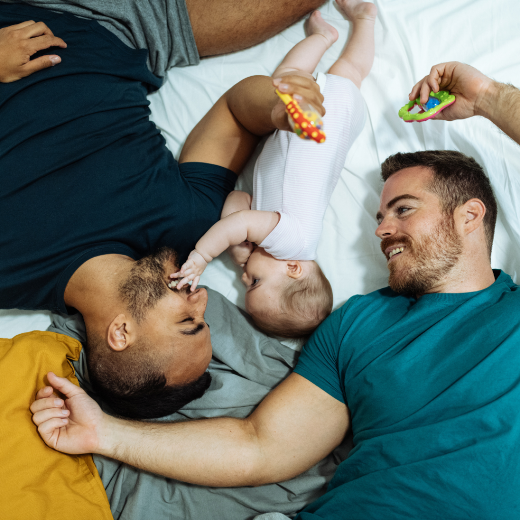 Same-sex couple with their adopted child.